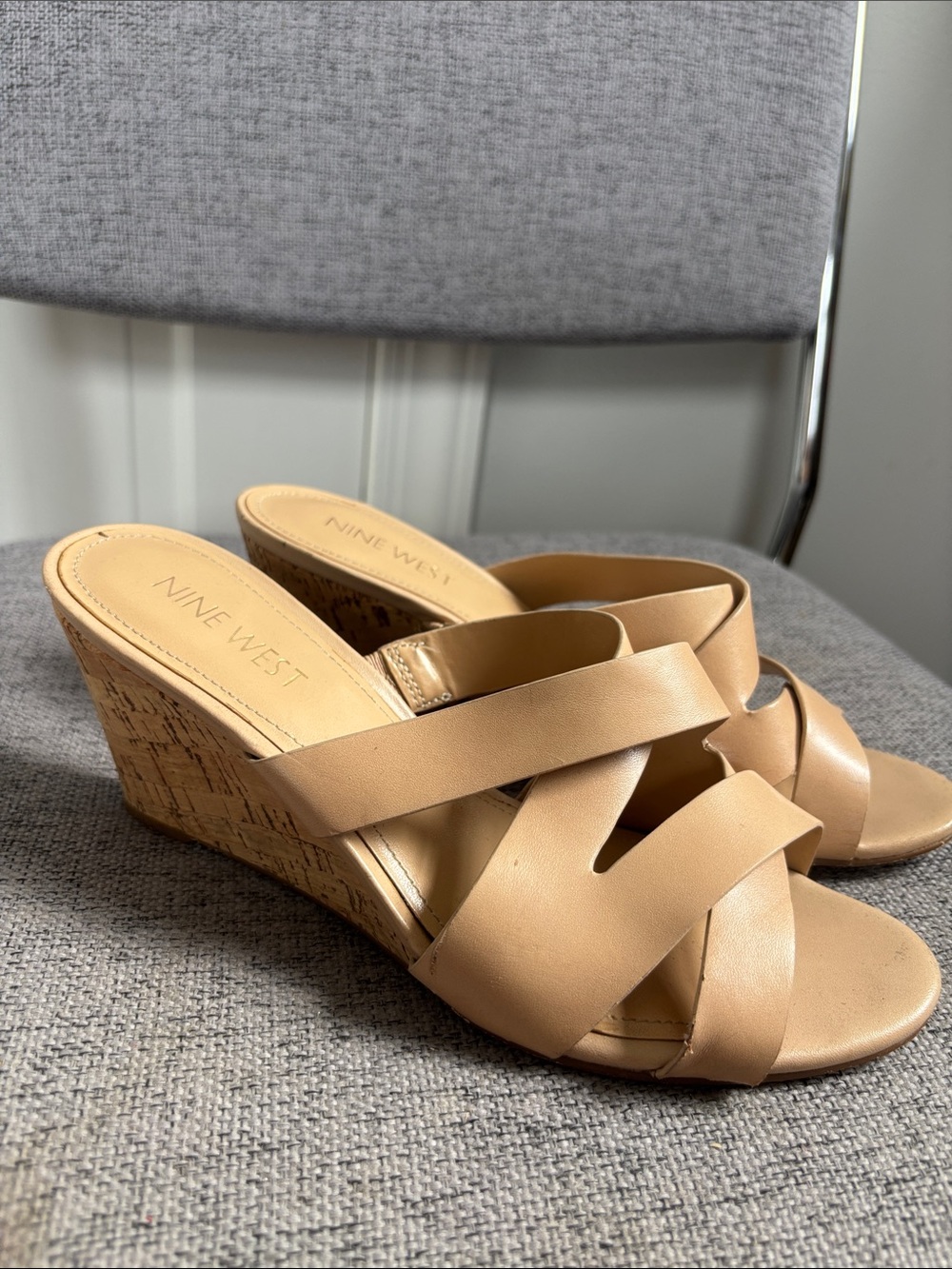 Nine West Beige Leather Cork Wedge Slides